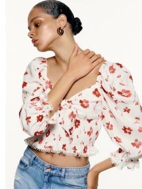 Zara Puff Sleeve Floral Top Size S Boho Cottage Romantic Tie Front Festival